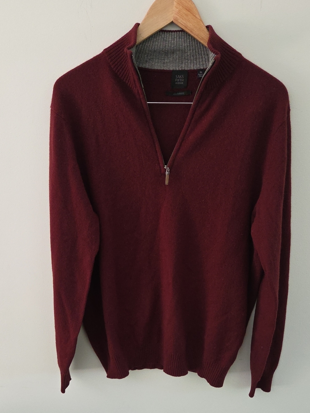 Saks Fifth Avenue Men’s Maroon Zip-Neck 100% Cashmere Sweater